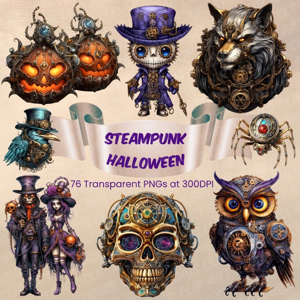 Steampunk Halloween Clipart Bundle Steampunk Printable Digital Transparent PNG Gothic Steam Punk Apothecary Bottles Skeleton Witch Clipart