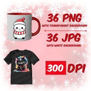 May include: A digital download of 36 PNG and 36 JPG images of a cute cartoon cat wearing a Christmas hat and a colorful string of lights. The images are 300 DPI and have a transparent background.