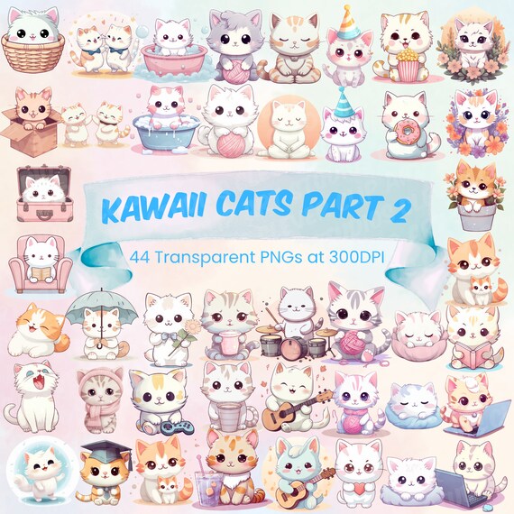 Cute Kawaii Cats Clipart Bundle Cute Kitten Clipart Transparent PNG Bundle Kawai Printable Kawaii Cat PNG Kitty Cute Kawaii Downloadable PNG