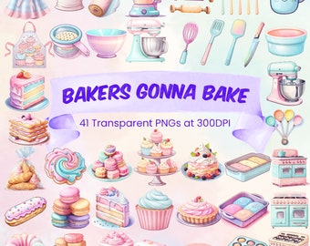 Söt bakning Clipart Bagare Ska Baka PNG Bundle Pastell Köksredskap Clipart Bundle Transparent Bakgrund Utskrivbar Cottagecore Clipart Konst