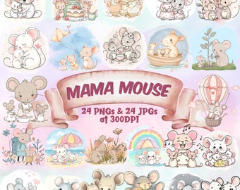 Mama Mouse and Baby Mice Happy Mothers Day Clipart Bundle Cute Mouse and Mom PNG Bundle Downloadable Kawaii Cute Mothers Day Mouse Clipart