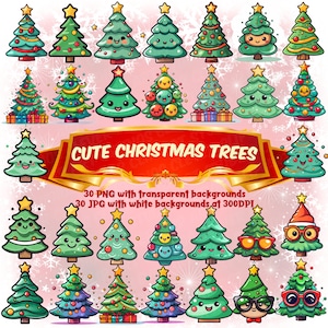 Set di clipart con simpatico albero di Natale Kawaii, set di clipart simpatico albero di Natale felice, PNG Kawaii, simpatico albero di Natale, PNG trasparente per uso commerciale