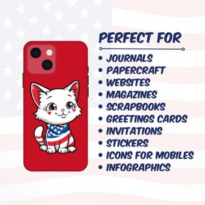 May include: A red phone case with a white cat wearing a red, white, and blue bandana. The cat is sitting on a red background. The phone case is perfect for adding a touch of personality to your phone.