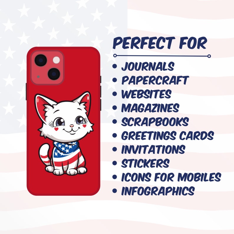 May include: A red phone case with a white cat wearing a red, white, and blue bandana. The cat is sitting on a red background. The phone case is perfect for adding a touch of personality to your phone.