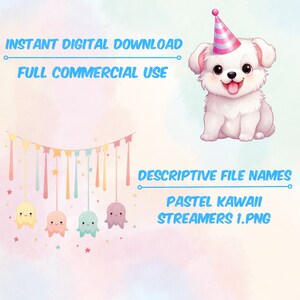 May include: Pastel pink and blue kawaii octopus streamers with stars. The streamers are hanging from a string. A white dog with a pink and white party hat is sitting on a pink and blue background. The text "Pastel Kawaii Streamers 1.PNG" is written in blue.