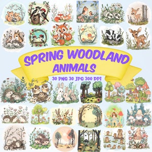 Pacchetto Clipart animali del bosco primaverile Clipart foresta carina Kawaii Baby Woodland Friends Primavera stampabile animali del bosco Nursery Clipart