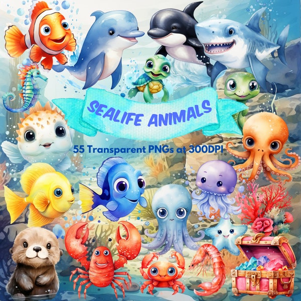 Sealife Animals Watercolor Undersea Clipart- Printable Cute Ocean Creatures Baby Sea Turtle Octopus Jellyfish Starfish Coral Clownfish Tang