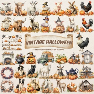 May include: A collection of 37 vintage Halloween digital clipart images. The images include a variety of characters, objects, and scenes, such as a black cat, a witch's hat, a pumpkin, a ghost, a crow, a farmhouse, a cauldron, a fireplace, a rooster, a pig, a cow, a donkey, a horse, a rabbit, a wreath, a farmhouse, a tea kettle, a truck, and a shelf with teacups and pumpkins. The images are all in a vintage style and are perfect for creating Halloween crafts, cards, and decorations.