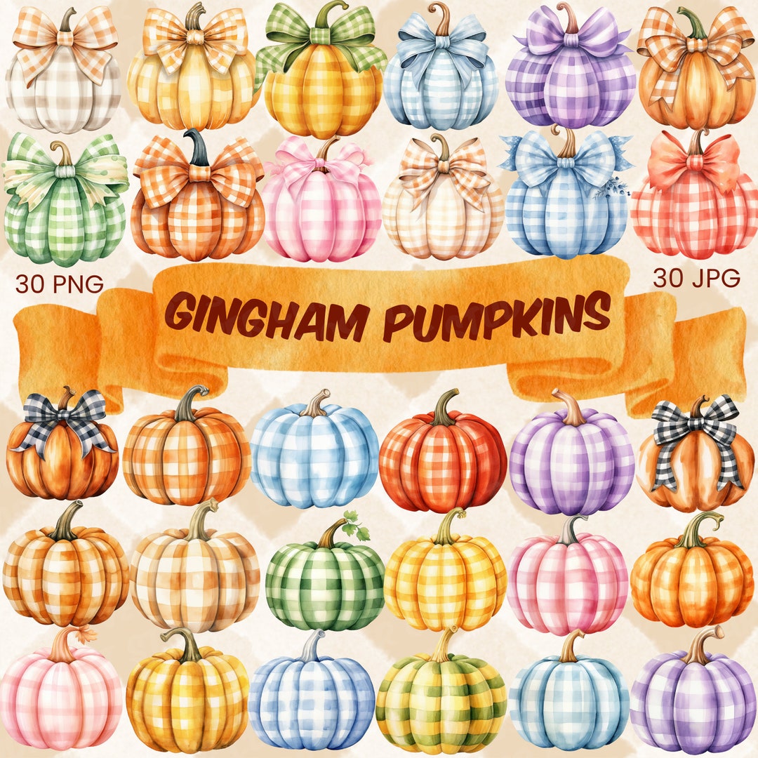 Gingham Pumpkin Clipart Bundle Pastel Watercolor Pumpkin Clipart PNG ...