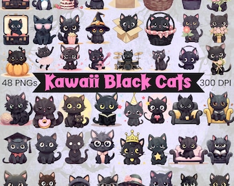 Kawaii Black Cats Cute Halloween Clipart Witches Cat Transparent PNG Cute Cat Halloween Kawaii Cats Clipart Kawaii Art Downloadable Clipart