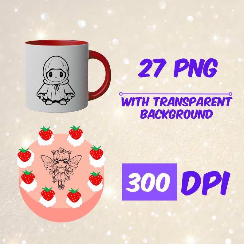May include: A set of 27 digital clipart images featuring a fairy with wings and a strawberry cake. The images are in PNG format with a transparent background and 300 DPI resolution.
