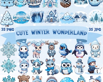 Cute Winter Wonderland Clipart Snowy Forest Animals PNG Kawaii Winter Woodland Animal Clipart Snow Themed Winter Wonders Seasonal Clipart