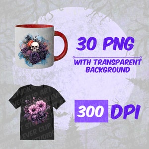 May include: A set of 30 digital images featuring a skull with purple and pink flowers. The images are 300 DPI and have a transparent background.