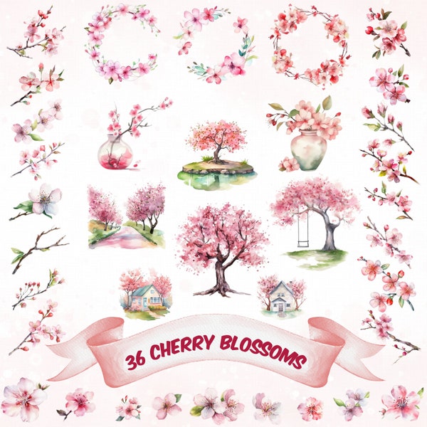 Watercolor Cherry Blossoms Clipart Pink Flowers PNG Bundle Sakura Clipart Floral Branches Spring Floral Pink Fresh Bouquets Premade Clipart