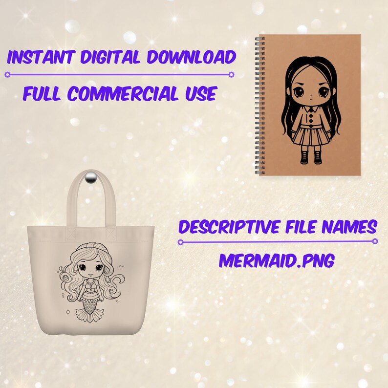 May include: A black and white digital illustration of a mermaid with long hair and a tail. The illustration is on a white tote bag.