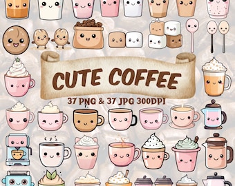 Kawaii söt kaffe Clipart-samling Kawaii kaffekopp PNG-paket Digitalt kaffe Nedladdningsbart JPG Kaffedryckspaket Utskrivbart kaffe PNG