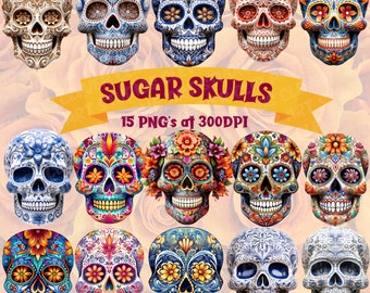 May include: Fifteen colourful sugar skull designs with intricate floral patterns. The skulls are decorated with bright colours, including blue, red, yellow, green, and orange. The text "SUGAR SKULLS" and "15 PNG's at 300DPI" is displayed on a yellow banner.