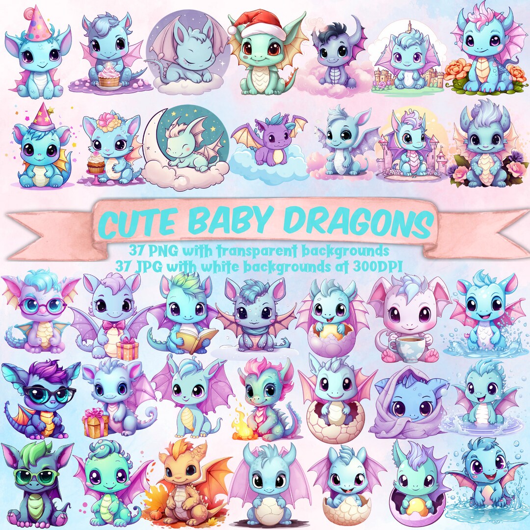 Cute Baby Dragon Clipart Bundle Kawaii Dragon Baby Birthday Watercolor ...