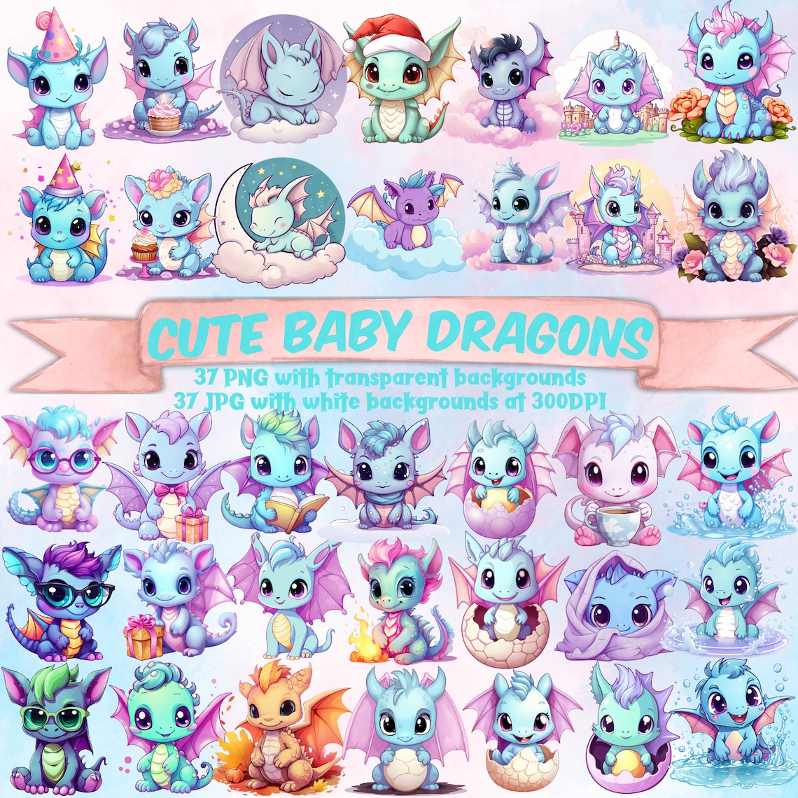 Cute Baby Dragon Clipart Bundle Kawaii Dragon Baby Birthday Watercolor ...