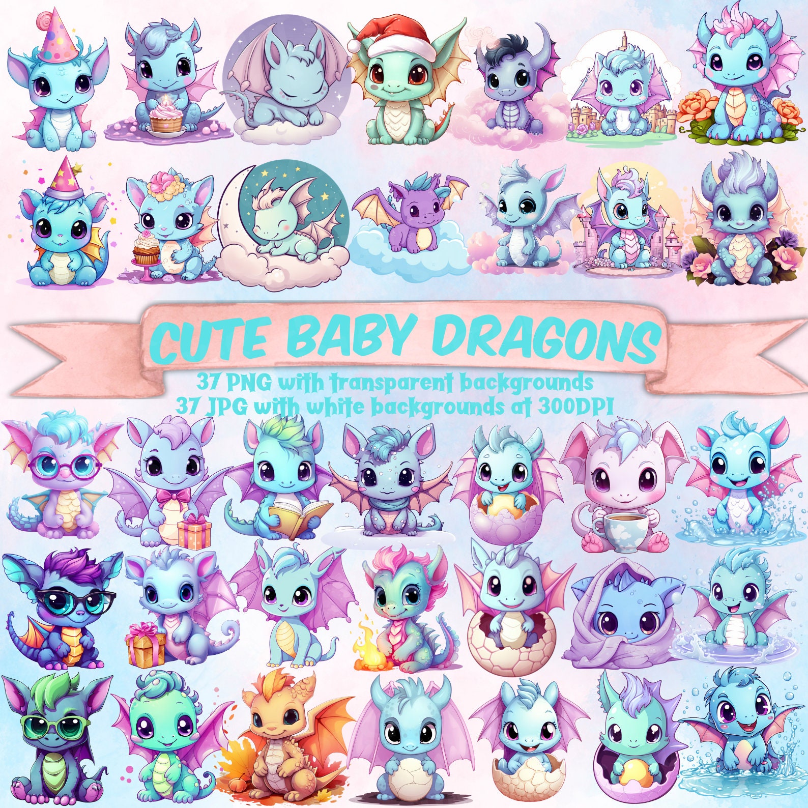 Cute Baby Dragon Clipart Bundle Kawaii Dragon Baby Birthday Watercolor ...