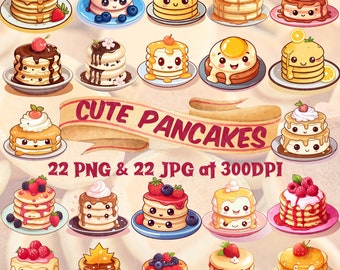 Peut inclure: Une collection de 22 crêpes de dessin animé mignonnes avec diverses garnitures, notamment des fruits, du chocolat et de la crème fouettée. Les crêpes sont disposées en grille sur un fond brun clair. Le texte "Cute Pancakes" est écrit dans une bannière au-dessus des crêpes. Le texte "22 PNG & 22 JPG at 300DPI" est écrit sous les crêpes.
