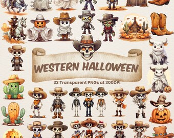 Cute Western Halloween Clipart Bundle Halloween Skeleton PNG Cowgirl Cowboy Boots Zombie Ghost Cow Printable Halloween Digital Download