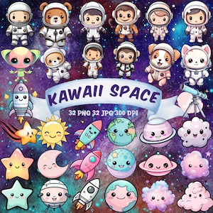 Kawaii Raum Clipart niedlichen Astronaut PNG Bundle Kawaii Planet Sterne Sonne Mond Rakete Nebel Alien Clipart Niedliche Kawaii herunterladbare Clipart