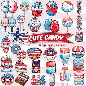 Niedliches Vaterländischer Süßigkeit Clipart 4.Juli Kawaii süßes Desserts Amerikanische Süßigkeiten PNG Bundle Kawaii Herunterladbare Bunte Süßigkeiten
