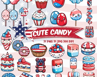 Cute Patriotic Candy Clipart Independence Day Desserts American Candy 4th July Sweet Treats PNG Bundle Kawaii Downloadable Colorful Sweets