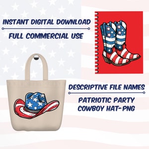 May include: A white tote bag with a red, white, and blue cowboy hat with stars printed on it. The text "PATRIOTIC PARTY COWBOY HAT-PNG" is printed below the bag.