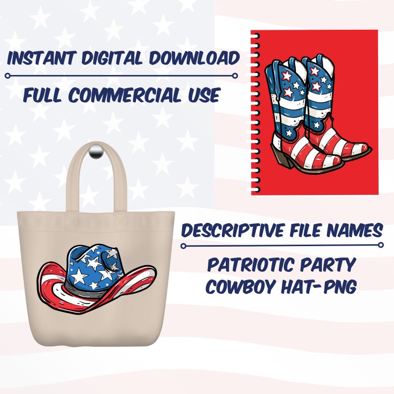 May include: A white tote bag with a red, white, and blue cowboy hat with stars printed on it. The text "PATRIOTIC PARTY COWBOY HAT-PNG" is printed below the bag.