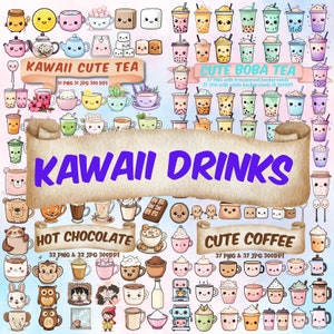 Mega paquete de bebidas kawaii, lindo café, burbujas, té boba, chocolate caliente, clipart, megapaquete, taza de café kawaii descargable, PNG, paquete, arte digital