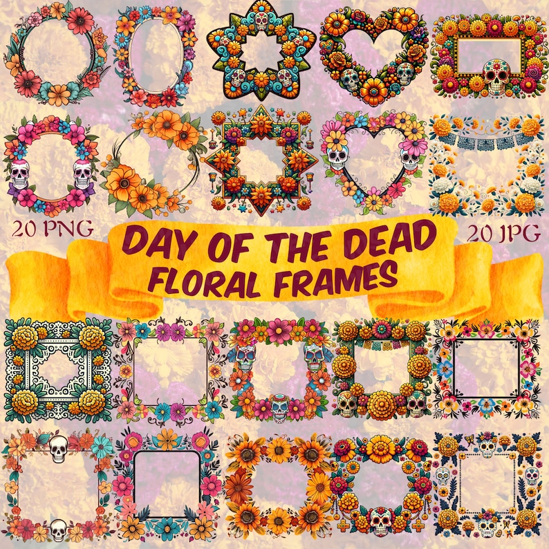 Cute Day Of The Dead Floral Frame Clipart Bundle Dia De Los Muertos Flower Frame PNG Traditional Mexican Halloween Frame Flower Border Frame image 1