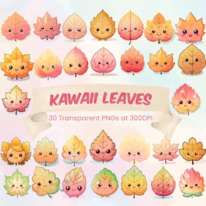 Kawaii Blätter Niedlich Herbst Herbst Blatt Clipart Aquarell Botanische Kunst Transparent PNG Bundle Herbst ästhetisch druckbar herbstlich Cottagecore