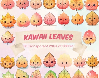 Kawaii Leaves Cute Fall Autumn Leaf Clipart Watercolor Botanical Art Transparent PNG Bundle Fall Aesthetic Printable Autumnal Cottagecore