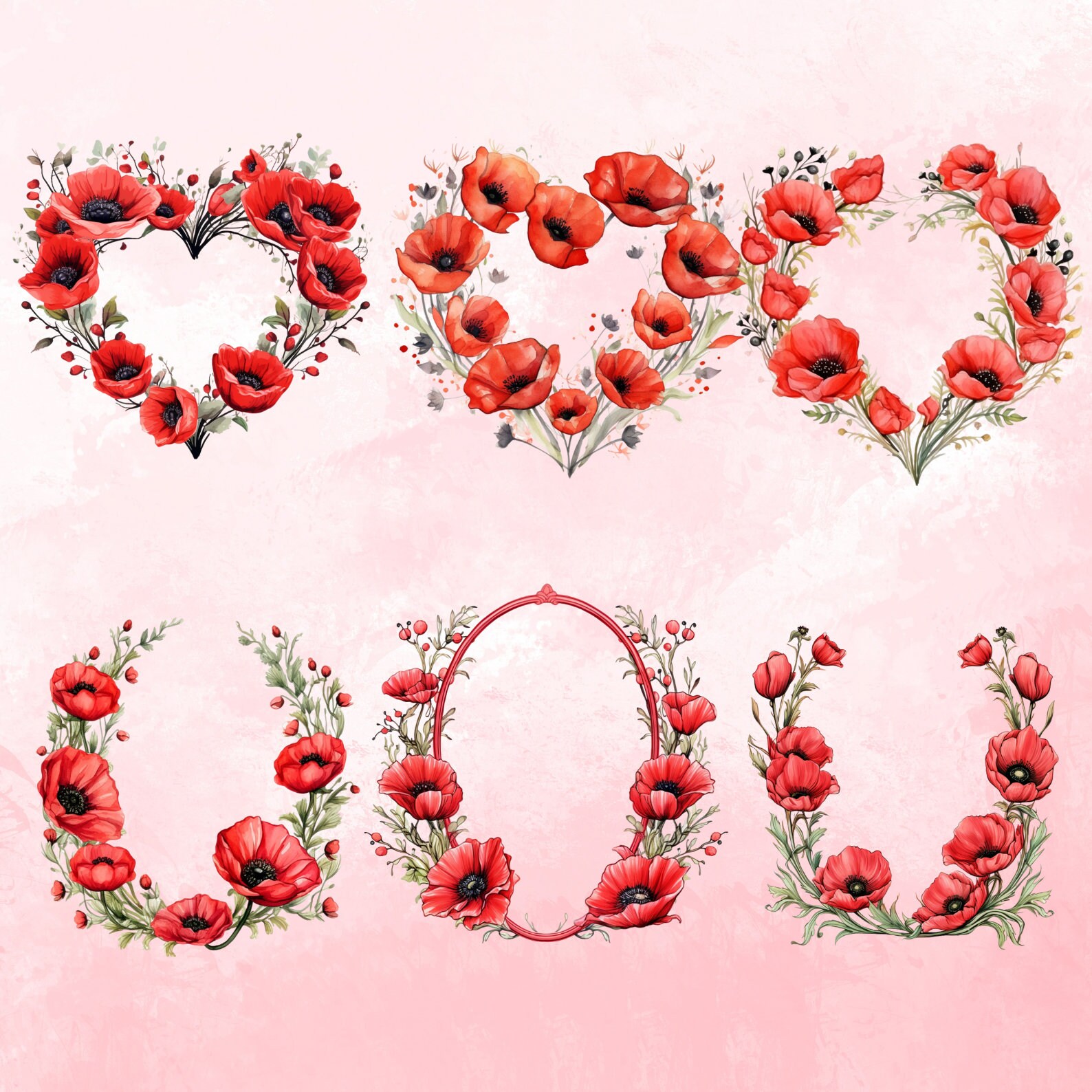 Poppy Floral Frames Clipart Bundle Watercolor Red Poppies Wreath ...