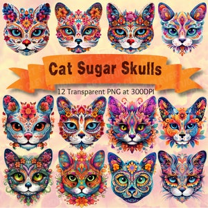 Katze Zuckerschädel Clipart Bundle mexikanischen Stil Dia De Los Muertos Schädel PNG Bundle Tag der Toten Transparente Zuckerschädel Sublimationsdesigns