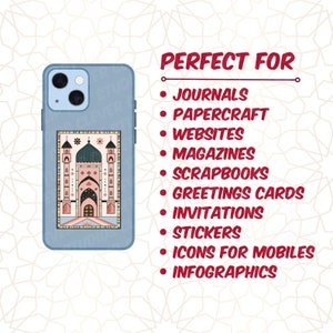 May include: A blue phone case with a colorful illustration of a building with a dome on top. The text "PERFECT FOR" is written in red above a list of uses for the illustration, including journals, papercraft, websites, magazines, scrapbooks, greeting cards, invitations, stickers, icons for mobiles, and infographics.