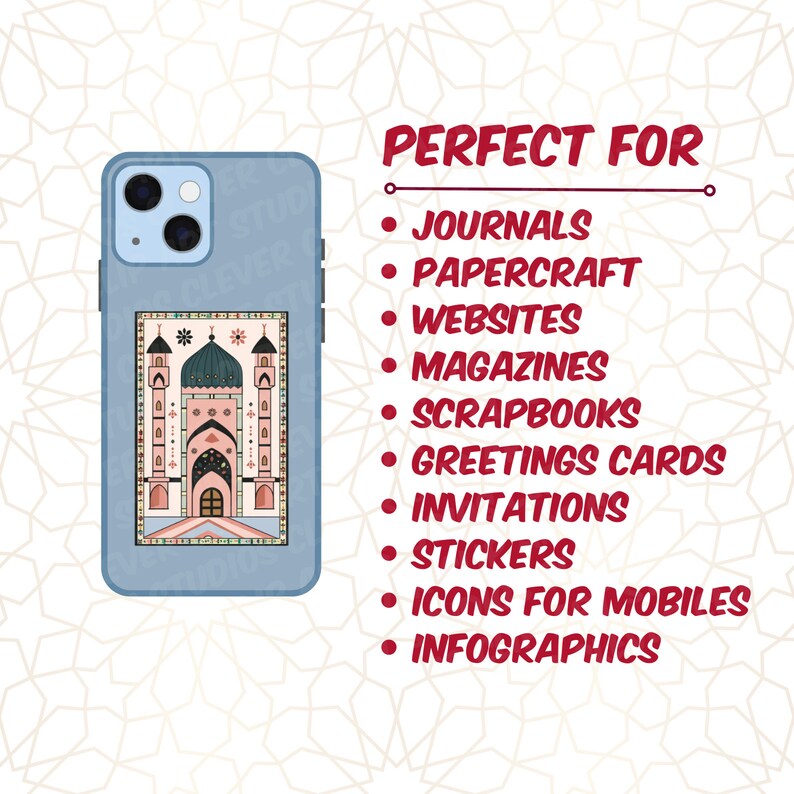 May include: A blue phone case with a colorful illustration of a building with a dome on top. The text "PERFECT FOR" is written in red above a list of uses for the illustration, including journals, papercraft, websites, magazines, scrapbooks, greeting cards, invitations, stickers, icons for mobiles, and infographics.
