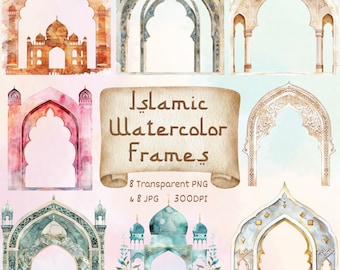 Cornici islamiche Clipart acquerello Arte musulmana Stampabile islamico Ramadan Eid Regalo per musulmano Eid Mubarak Ramazan Kareem Islam Art PNG Bundle