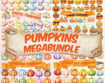 Pumpkin Mega Bundle Clipart Cute Kawaii Pastel Gingham Polka Dot Pumpkin PNG Megabundle Fall Autumnal Pumpkin Kawaii Downloadable Clipart