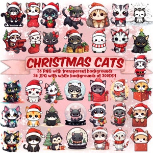 Pacchetto di clipart gatto di Natale carino Kawaii gatto carino Natale PNG trasparente Pacchetto Natale Kawaii gatto gatto divertente Natale simpatico gattino PNG