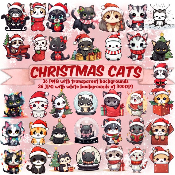Cute Christmas Cat Clipart Bundle Kawaii Cute Cat Christmas Transparent PNG Bundle Christmas Kawaii Cat Funny Cat Christmas Cute Kitten PNG