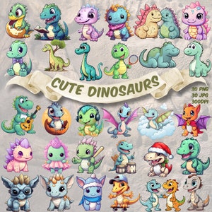 Kawaii Cute Dinosaur Clipart Collection Kawaii Dinosaur Nursery Wall Art Acquerello Cute Baby Dinosauri PNG Bundle per Dinosaur Party T-Rex