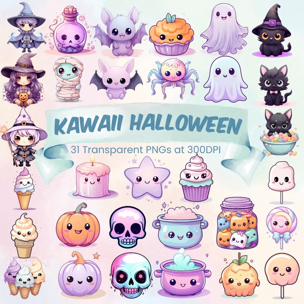 Kawaii Halloween Cute Pastel Candy Clip Art Bundle Happy Halloween Printable PNGs Kids Witches Cat Pumpkin Ghost Bat Skull Potions Clipart