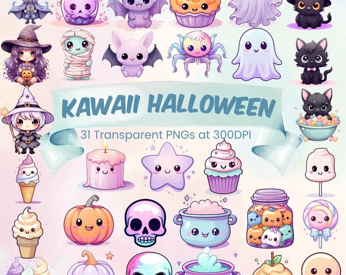 Halloween Kawaii Clipart Set Cute Halloween Clip Art Kawaii Pumpkin ...