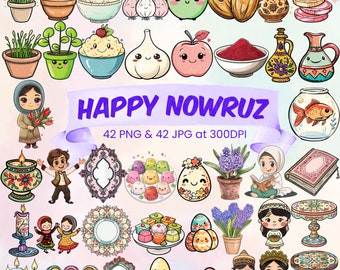 Happy Nowruz Clipart Bundle Persian New Year Cute Goldfish Haft Seen Mirror Candle Hyacinth Kids Celebrating First Day of Spring PNG Bundle