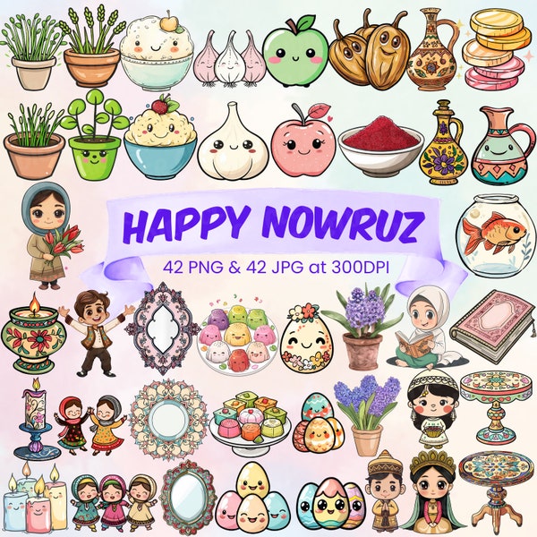 Happy Nowruz Clipart Bundle Persisches Neujahr Niedlicher Goldfisch Haft gesehener Spiegel Kerze Hyazinthe Kinder feiern den ersten Frühlingstag PNG Bundle