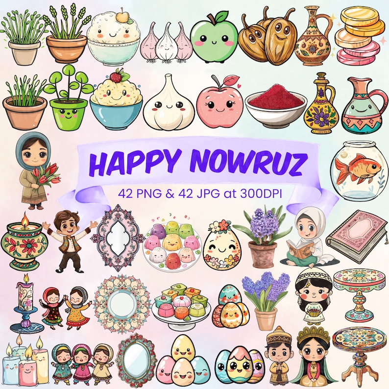 Happy Nowruz Clipart Bundle Persian New Year Cute Goldfish Haft Seen Mirror Candle Hyacinth Kids Celebrating First Day of Spring PNG Bundle image 1