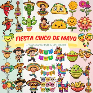 Fiesta Cinco De Mayo PNG Bundle Cute Colorful Mexican Style Fiesta Clipart Bundle Papel Picado Pinata Cacti Maracas Balloon Sombrero Hat PNG